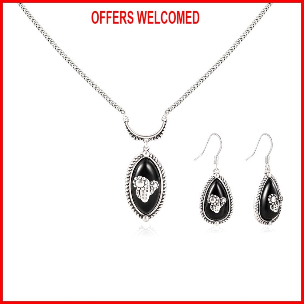 Silver Plated Turquoise Cactus Jewelry Set Necklace Earrings